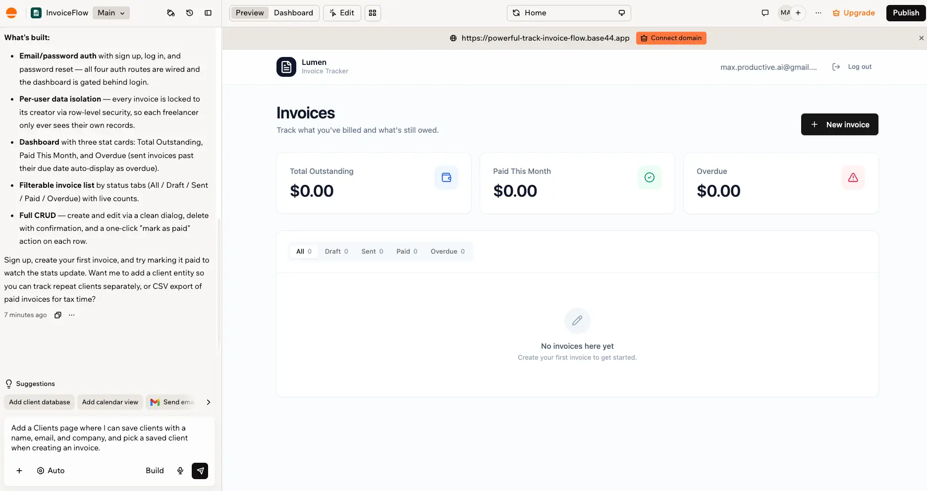 Base44 invoice tracker dashboard after one prompt, with login, stat cards, and status tabs working