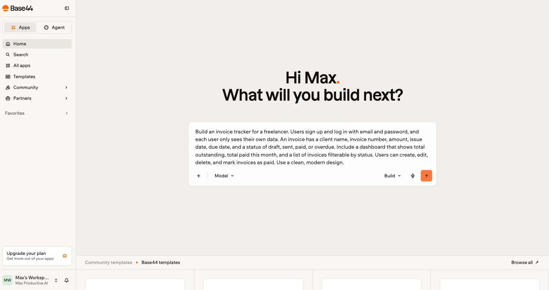 Base44 home screen with our invoice tracker test prompt pasted, September 2026