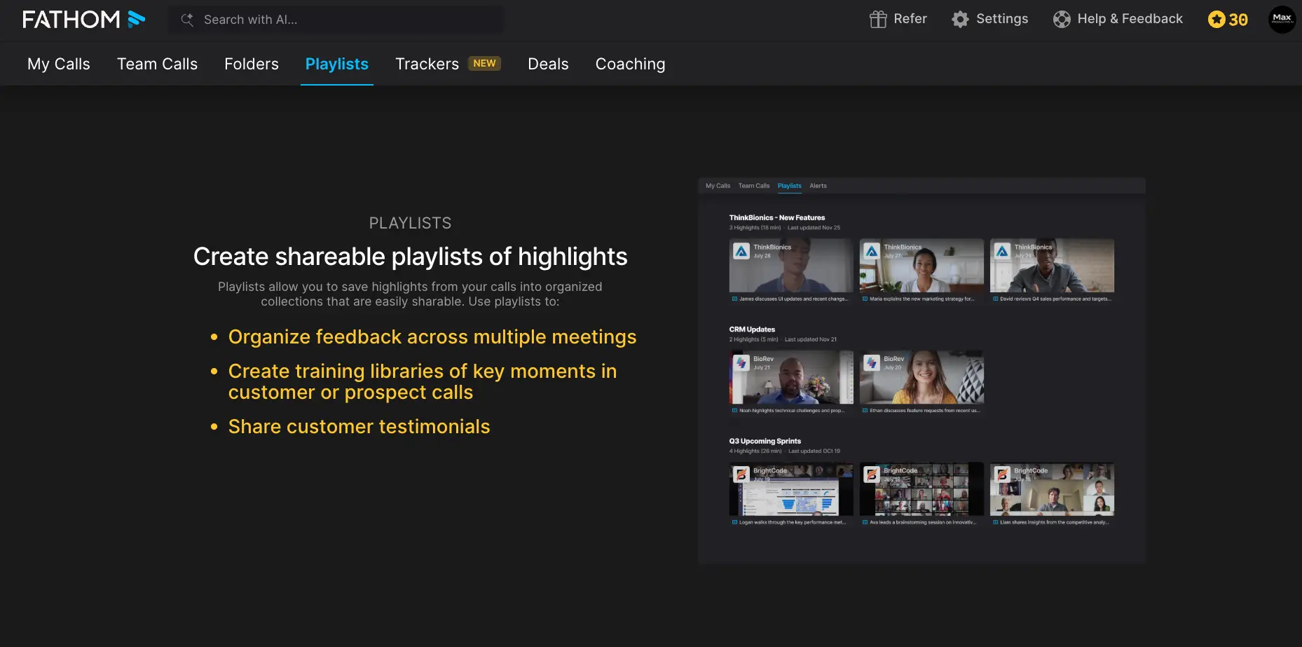 Fathom AI Playlists page explaining shareable highlight collections, with example playlists for new features, CRM updates and upcoming sprints