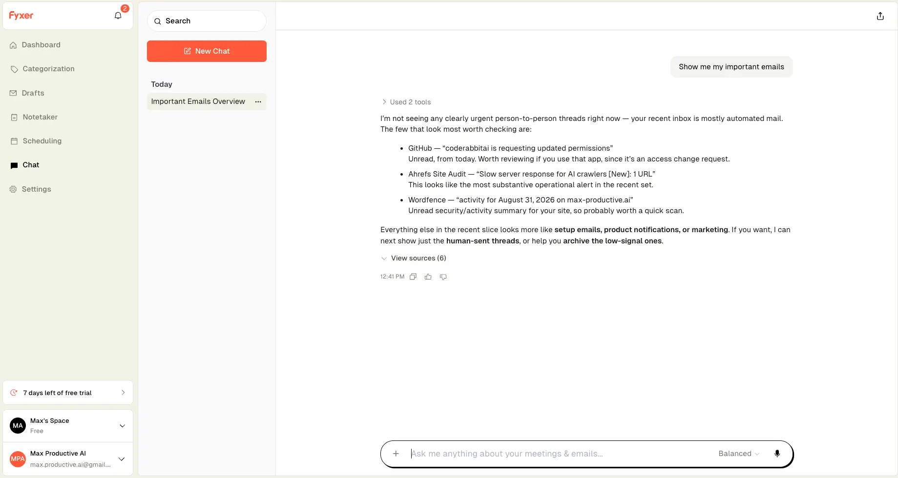 Fyxer Chat answering 'show me my important emails' with a sourced summary