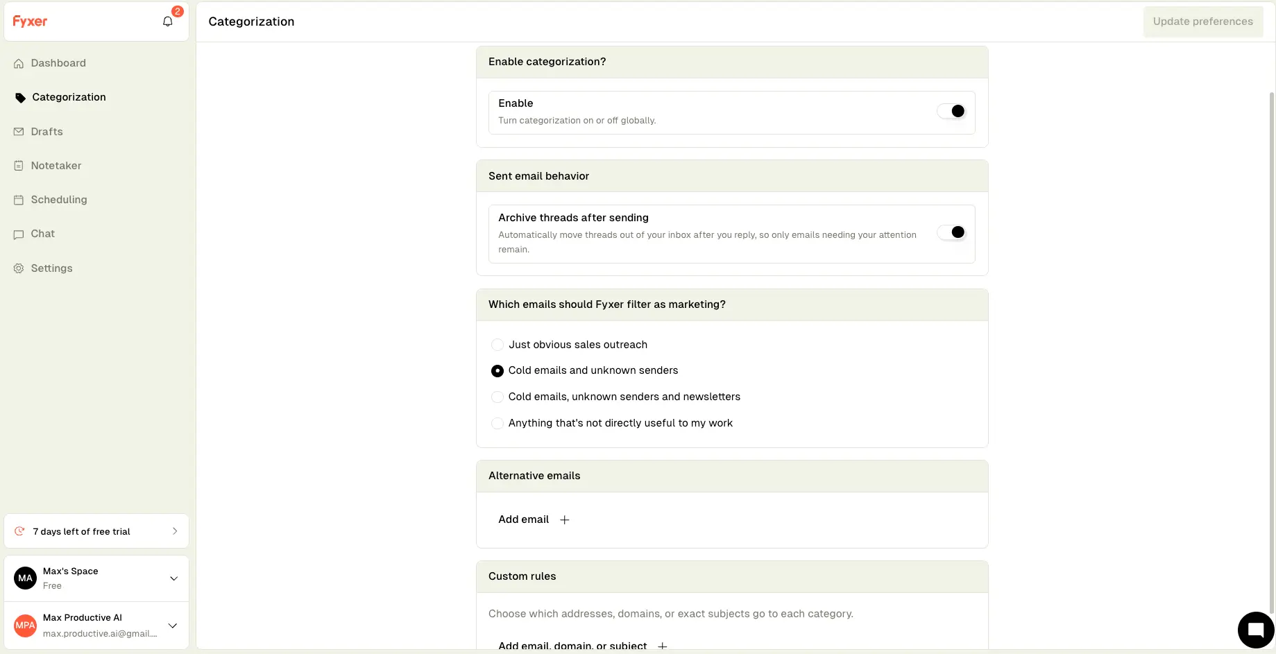 Fyxer categorization rules with marketing filter levels, custom rules, and archive after sending