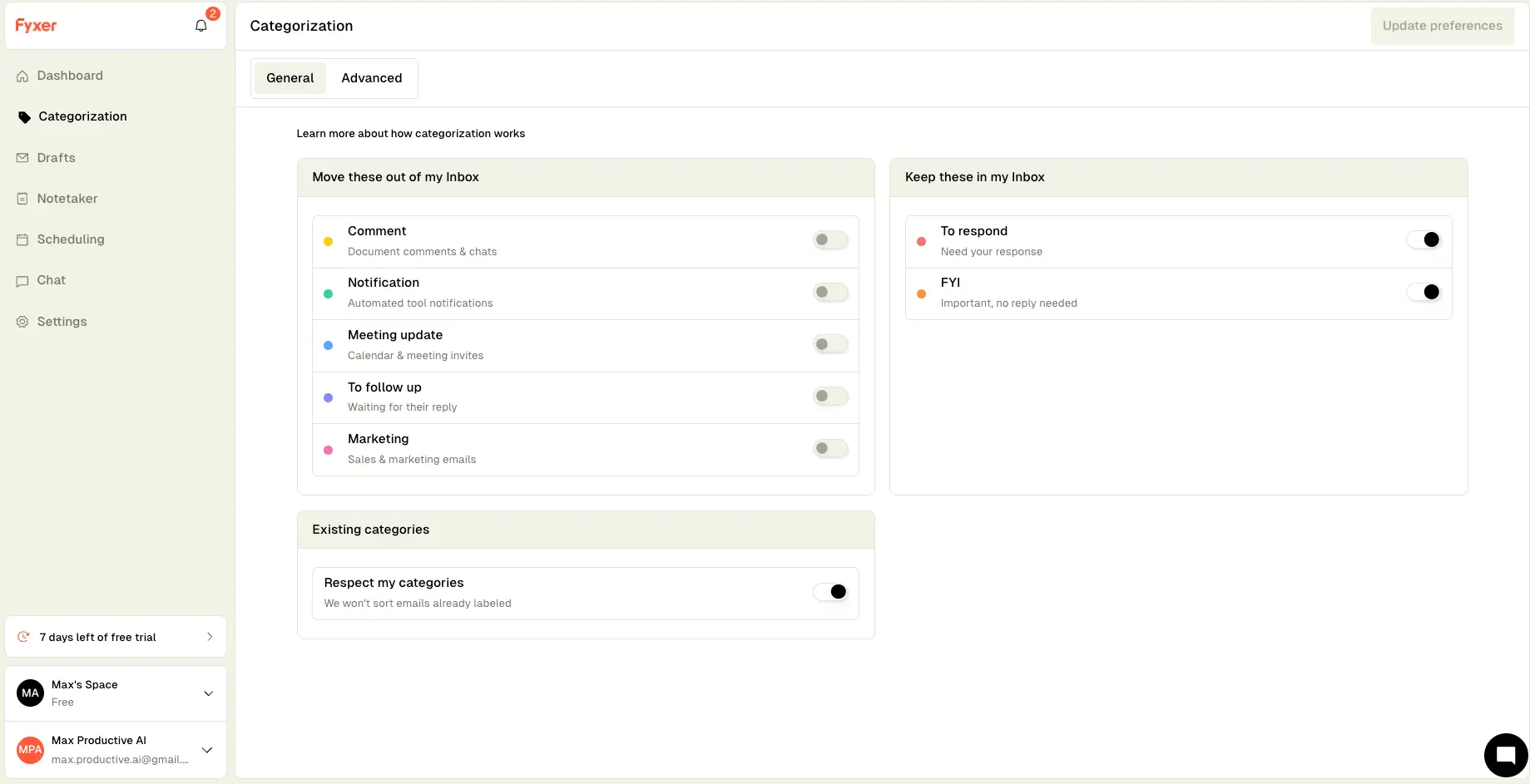 Fyxer categorization settings showing which email categories stay in the inbox and which move out