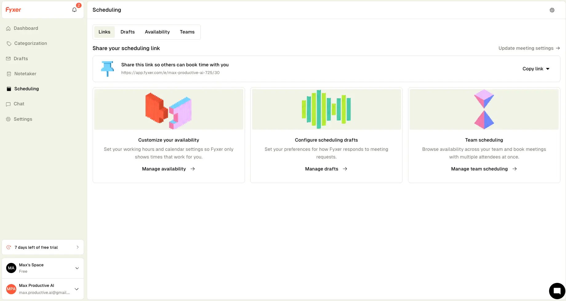 Fyxer scheduling assistant with shareable booking link, availability, drafts, and team scheduling
