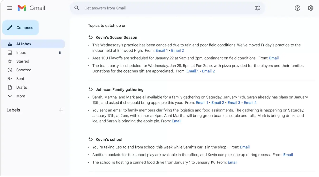 Gmail AI Inbox view showing Topics to catch up on, with AI summaries linked to source emails (image: Google)