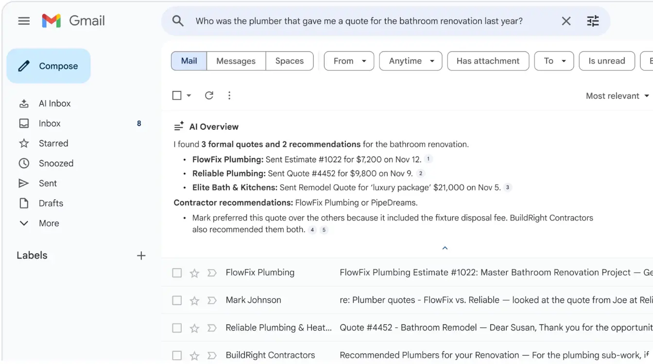 Gmail search AI Overview answering a question about plumber quotes, with cited emails (image: Google)