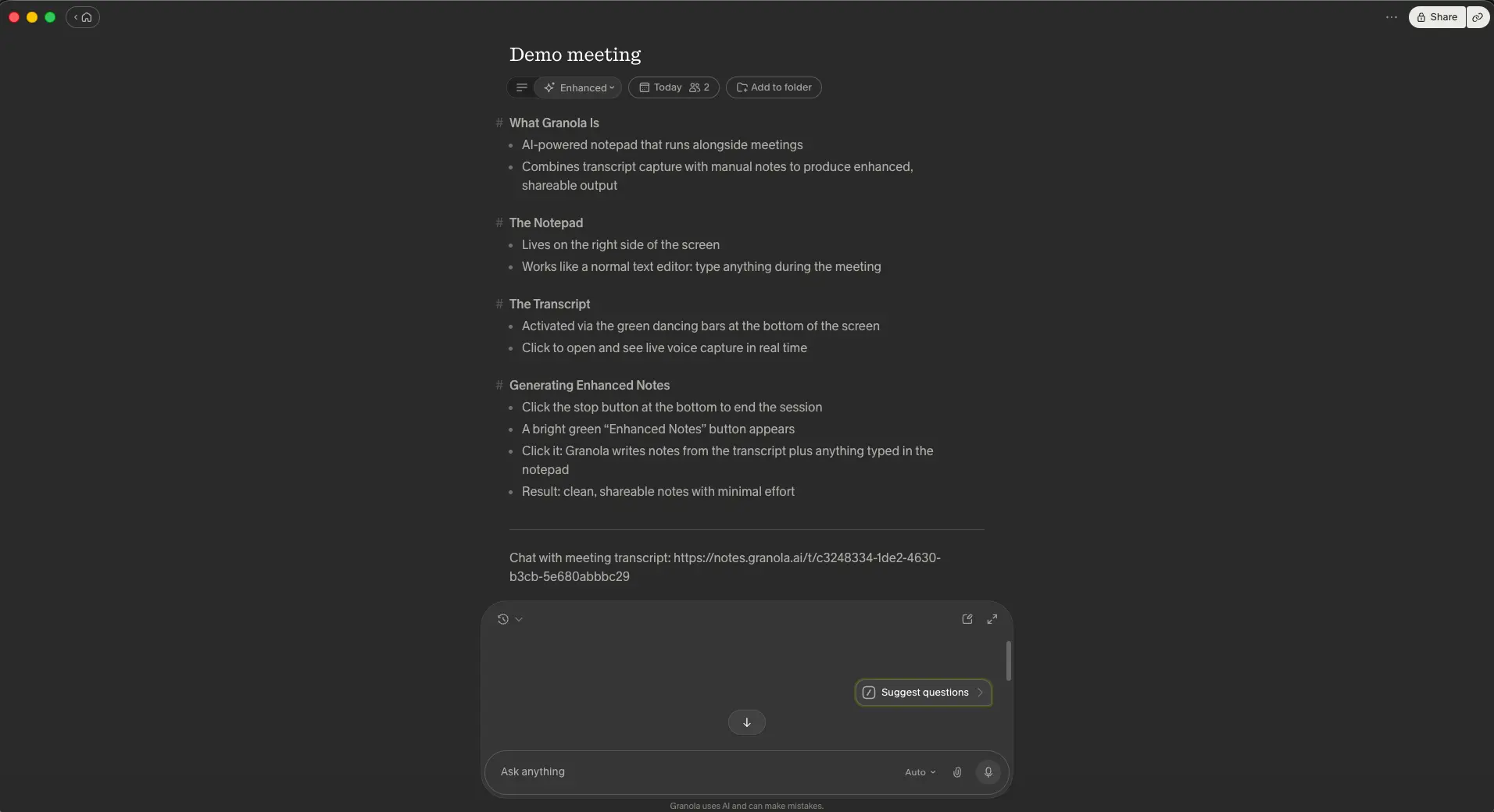Granola enhanced notes for a demo meeting with headed sections and bullet points, an Enhanced toggle, a Share button and a Chat with meeting transcript link
