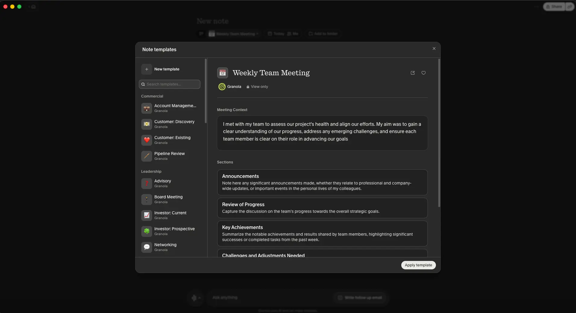 Granola note templates dialog showing Commercial and Leadership template groups and a Weekly Team Meeting template with sections such as Announcements and Review of Progress