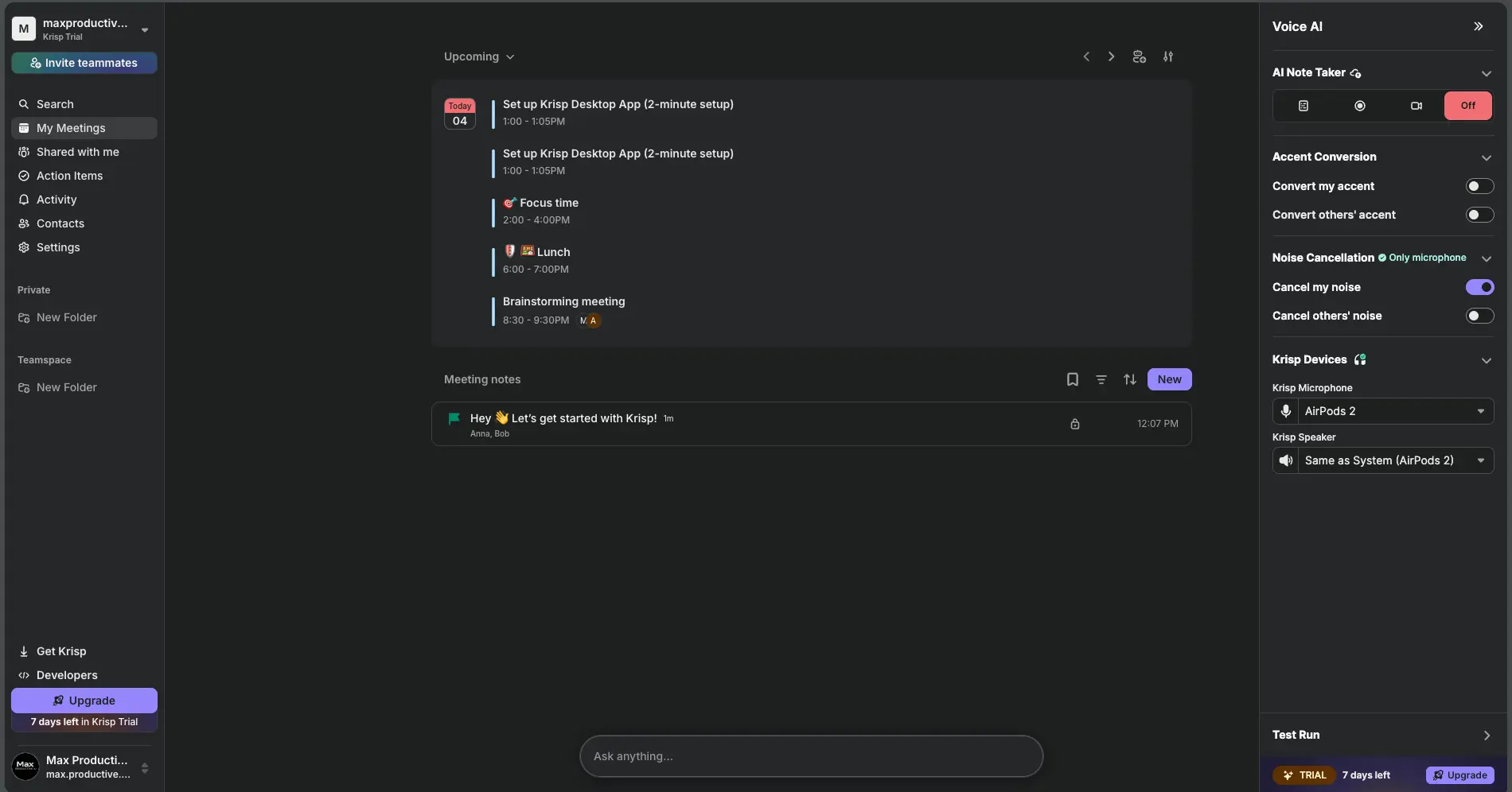 Krisp AI desktop dashboard with upcoming meetings on the left and the Voice AI panel showing AI Note Taker, Accent Conversion, Noise Cancellation and Krisp Devices