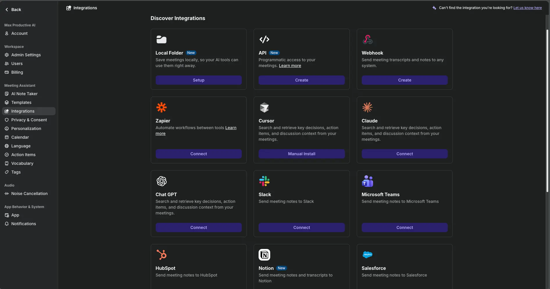 Krisp AI integrations page listing Local Folder, API, Webhook, Zapier, Cursor, Claude, ChatGPT, Slack, Microsoft Teams, HubSpot, Notion and Salesforce