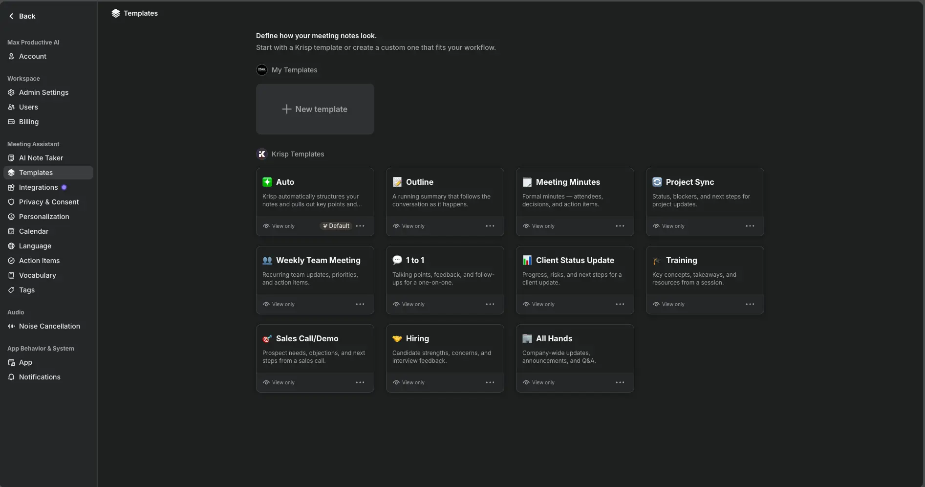 Krisp AI templates screen showing the Auto default template and ten Krisp templates including Meeting Minutes, Weekly Team Meeting, Sales Call, Hiring and All Hands