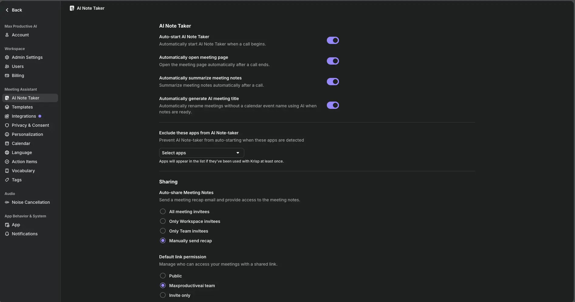 Krisp AI Note Taker settings page with toggles for auto-start, auto-open meeting page, auto-summarize, AI meeting titles, excluded apps and sharing permissions