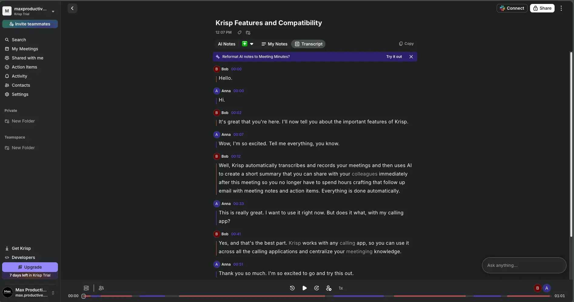 Krisp AI transcript view with speaker labels, timestamps, highlighted keywords and an audio playback bar at the bottom
