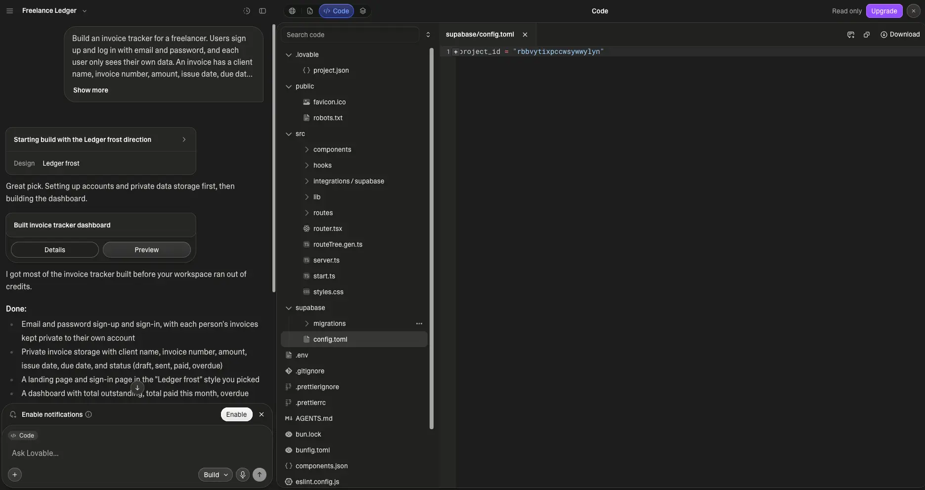 Lovable read-only code view showing the TanStack Start file tree and the Supabase migrations folder