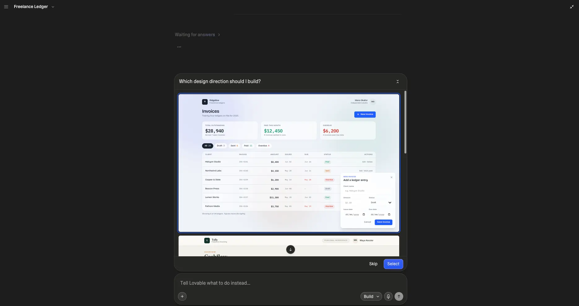 Lovable asking which design direction to build before generating the invoice tracker