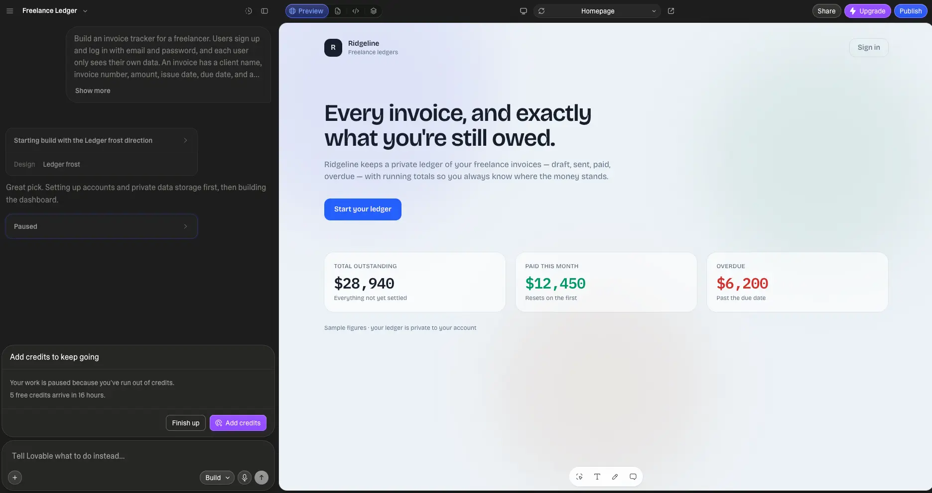 Lovable landing page preview with the build paused after the free plan's daily credits ran out