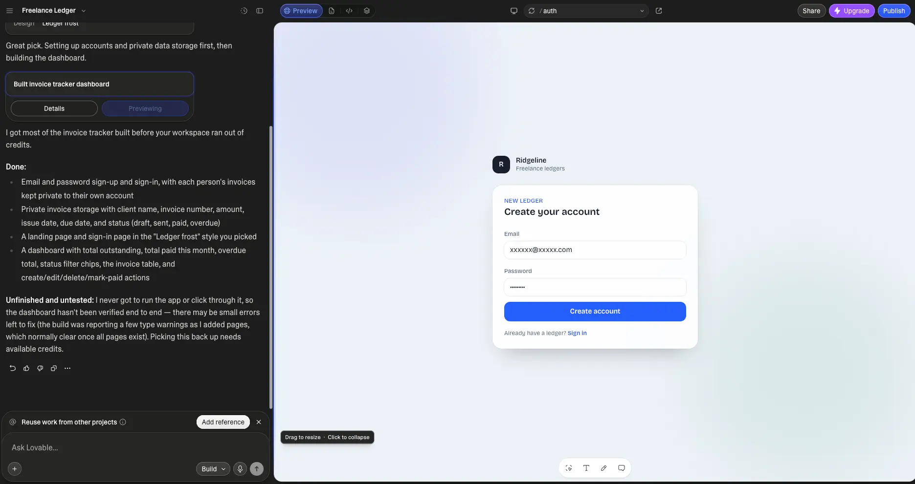 Lovable sign-up page from our test build, with the chat noting the dashboard was left unfinished and untested