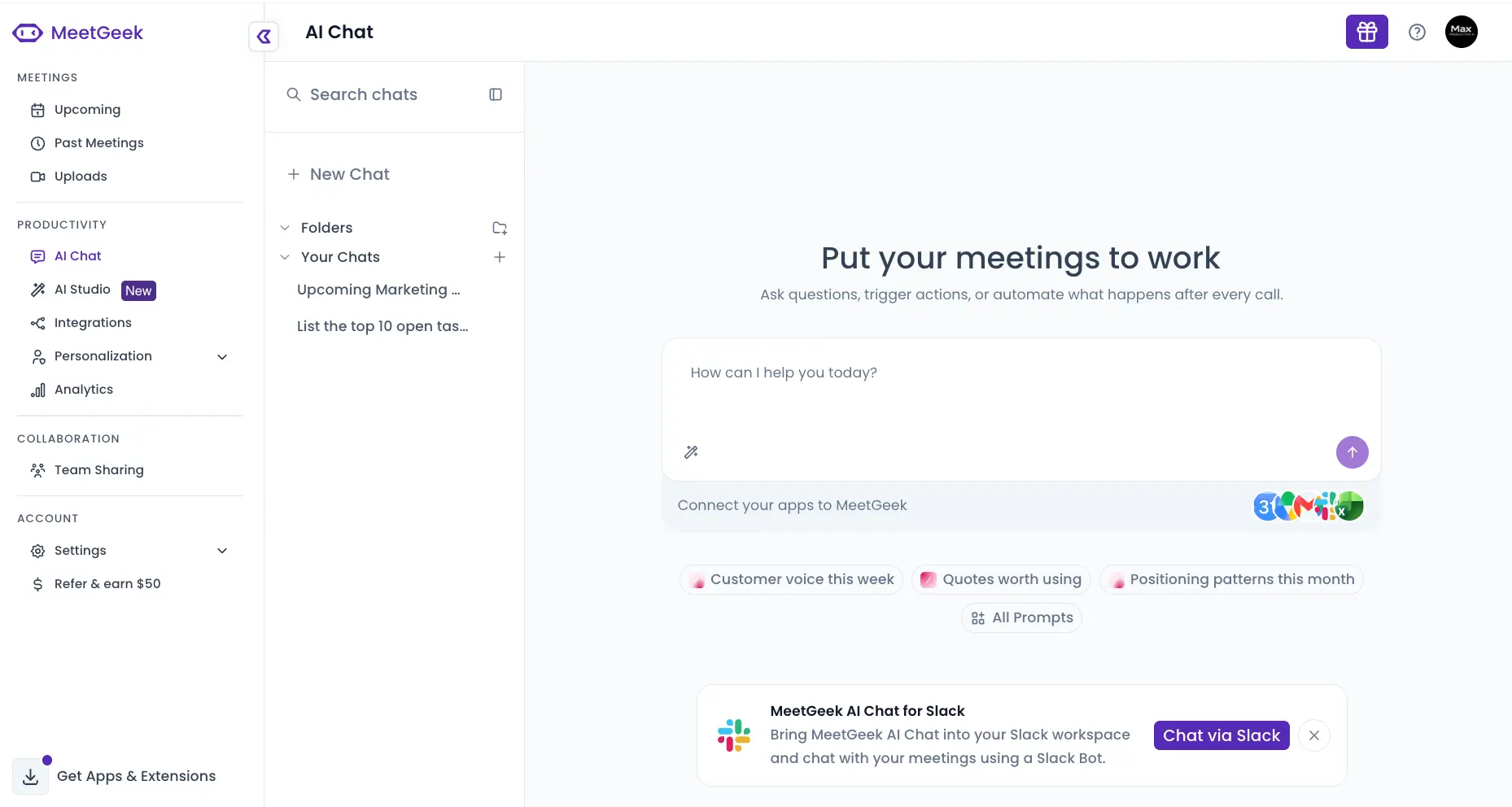 MeetGeek AI Chat page with saved chats, folders, suggested prompts and the Slack bot banner