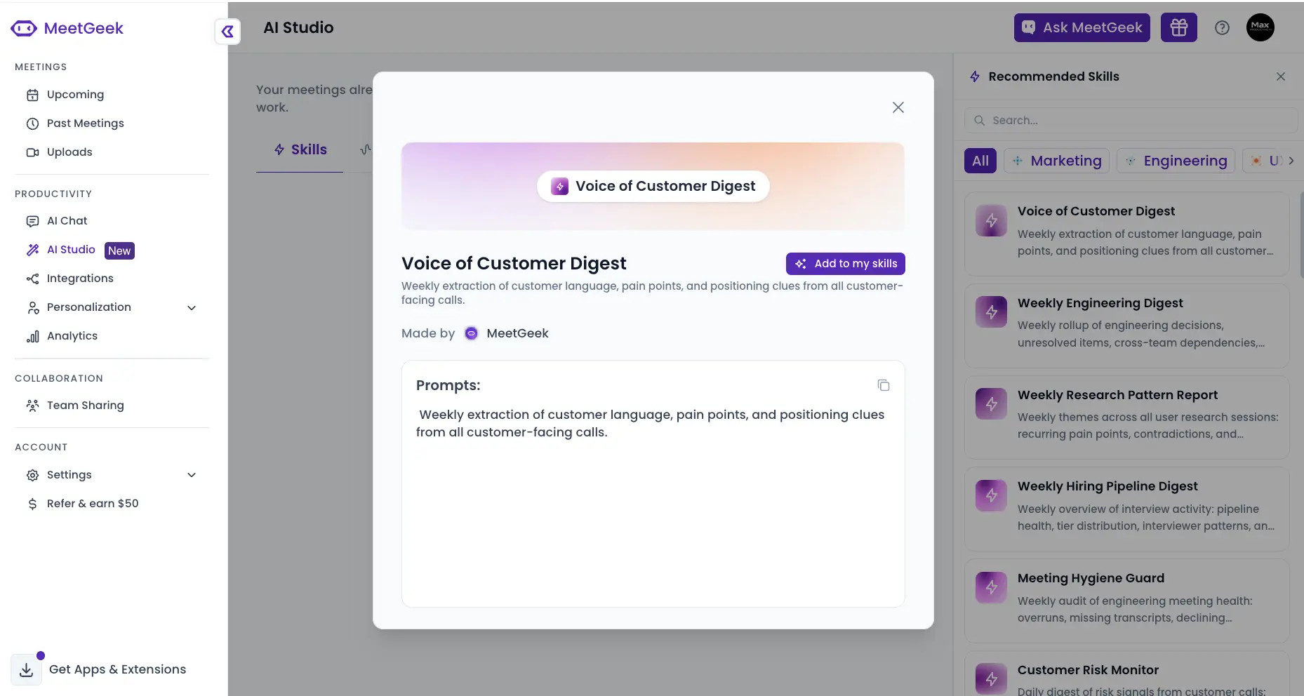 MeetGeek Voice of Customer Digest skill detail showing the prompt text and Add to my skills button