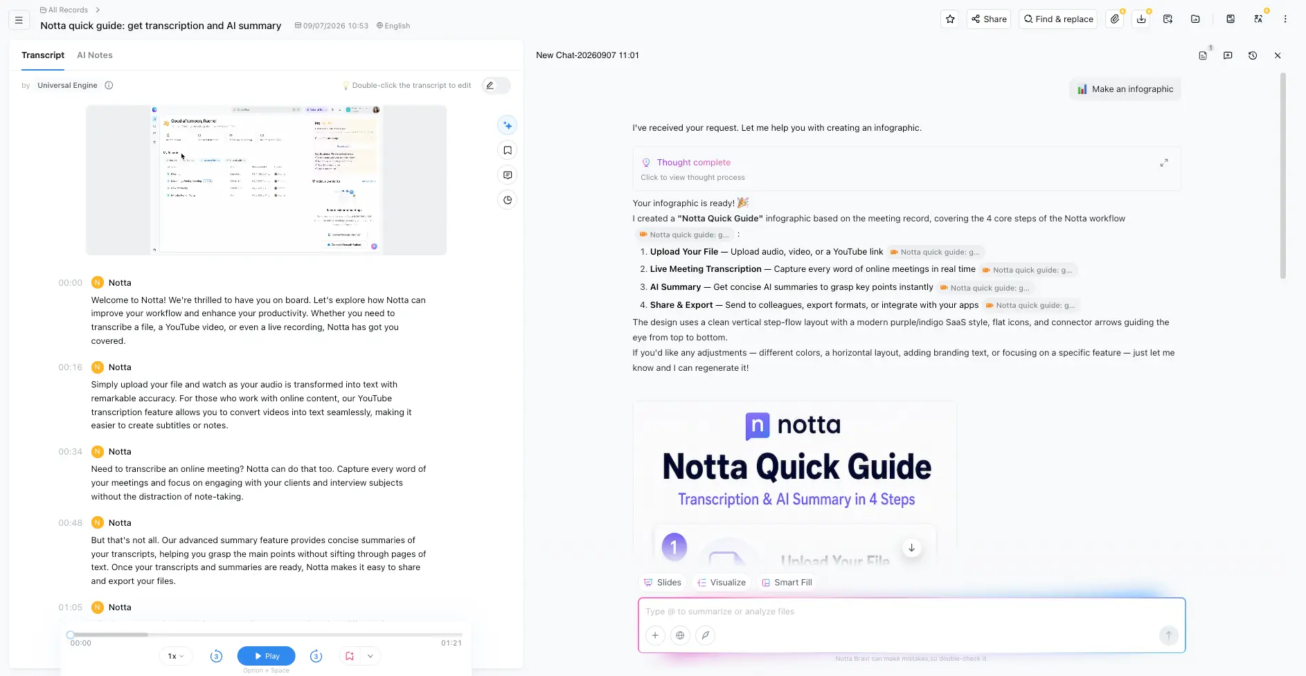 Notta Brain generating a four-step infographic from a meeting transcript, with source citations linked back to the recording