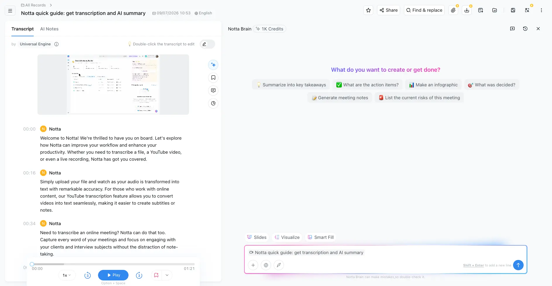 Notta transcript view with timestamped speaker segments alongside the Notta Brain panel showing summary, action items and infographic prompts