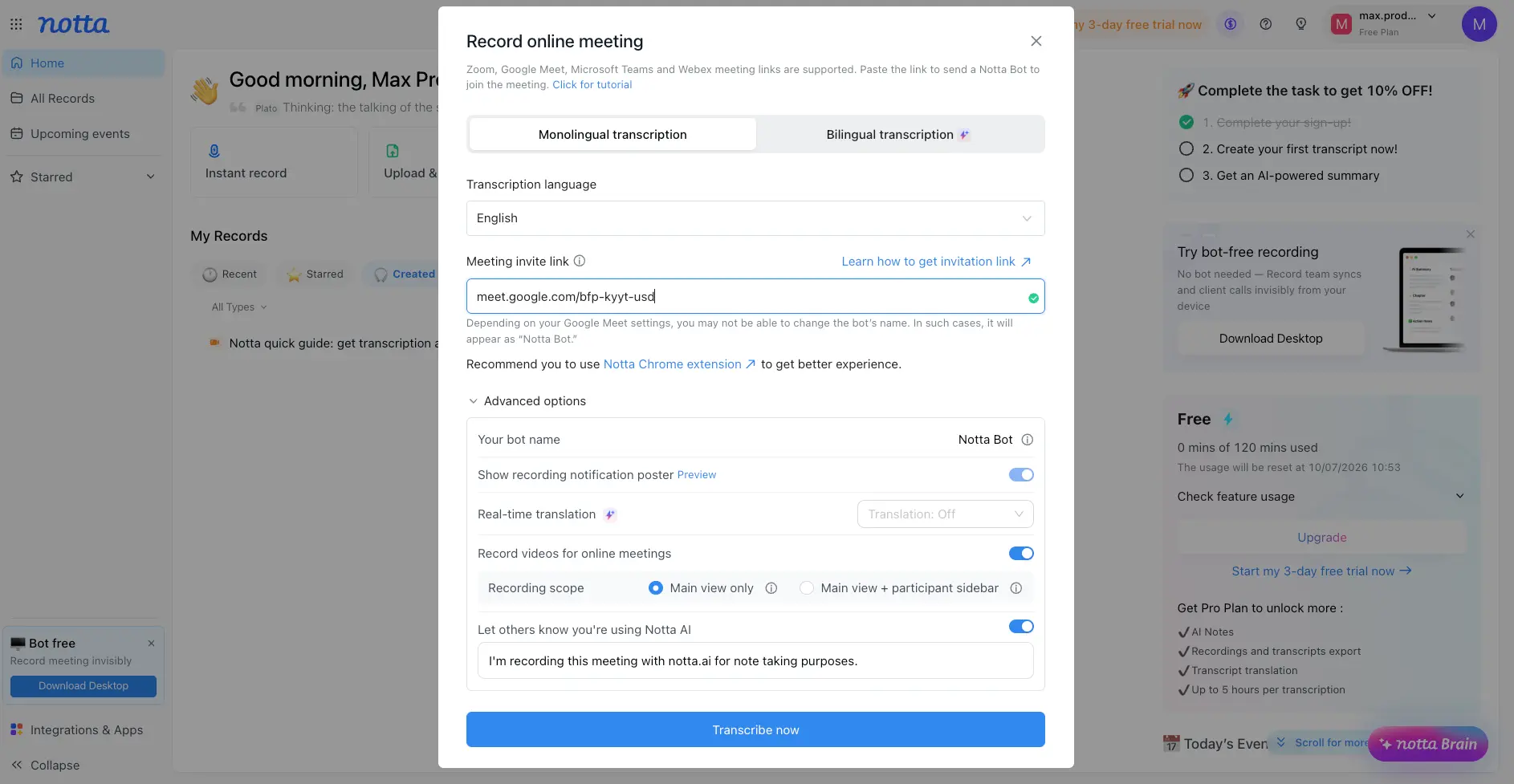 Notta record online meeting dialog with Google Meet link, transcription language, bot name, recording notice and video recording options