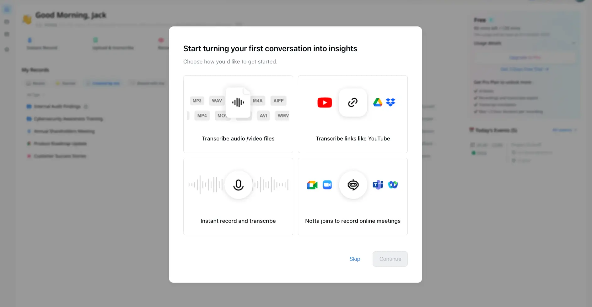 Notta onboarding screen showing four options: transcribe audio/video files, transcribe links like YouTube, instant record, and Notta joins online meetings