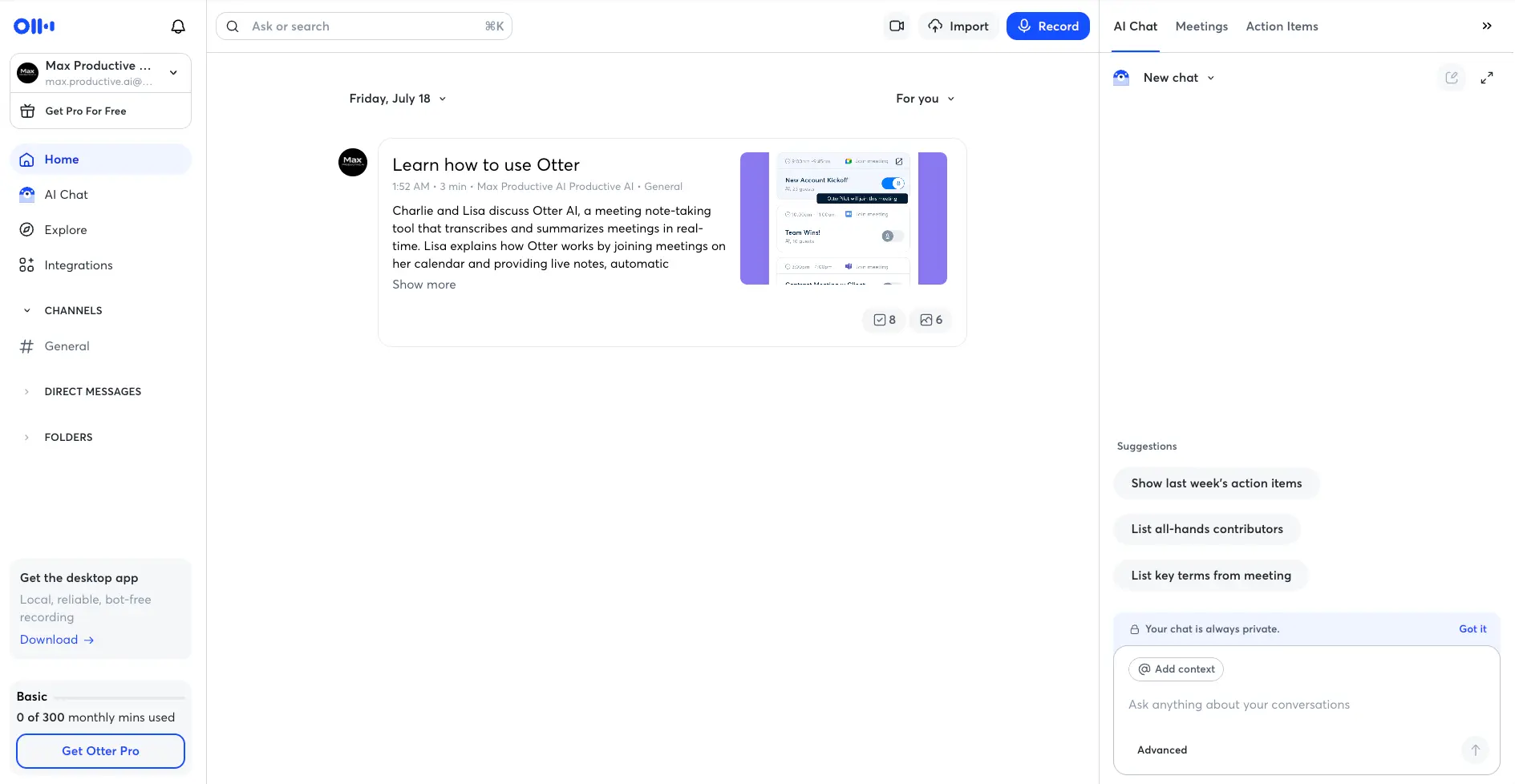 Otter.ai home dashboard on the free Basic plan showing a recorded conversation, the AI Chat panel and the 300 monthly minutes usage meter
