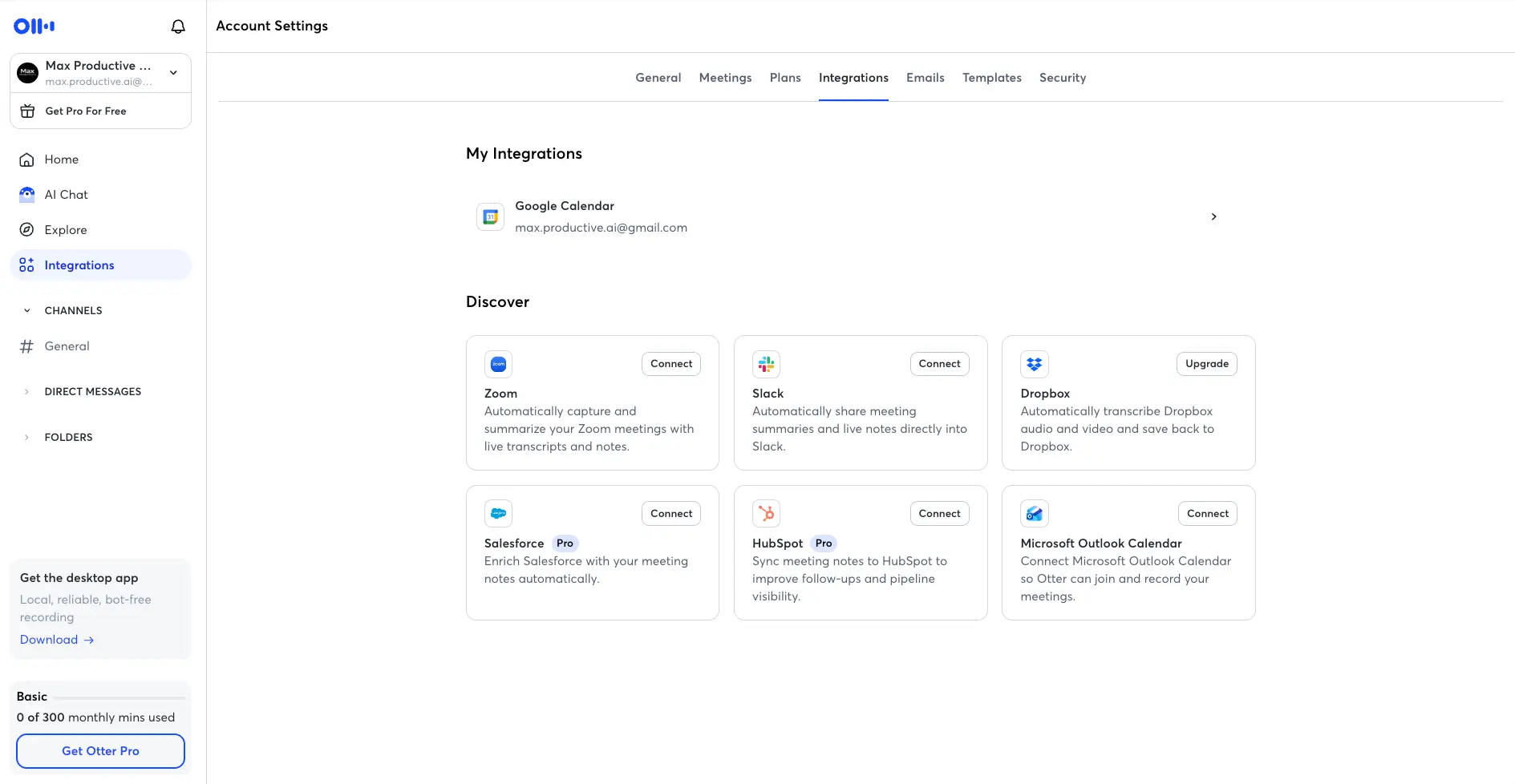 Otter.ai integrations settings showing Google Calendar connected and Zoom, Slack, Dropbox, Salesforce, HubSpot and Microsoft Outlook Calendar available to connect