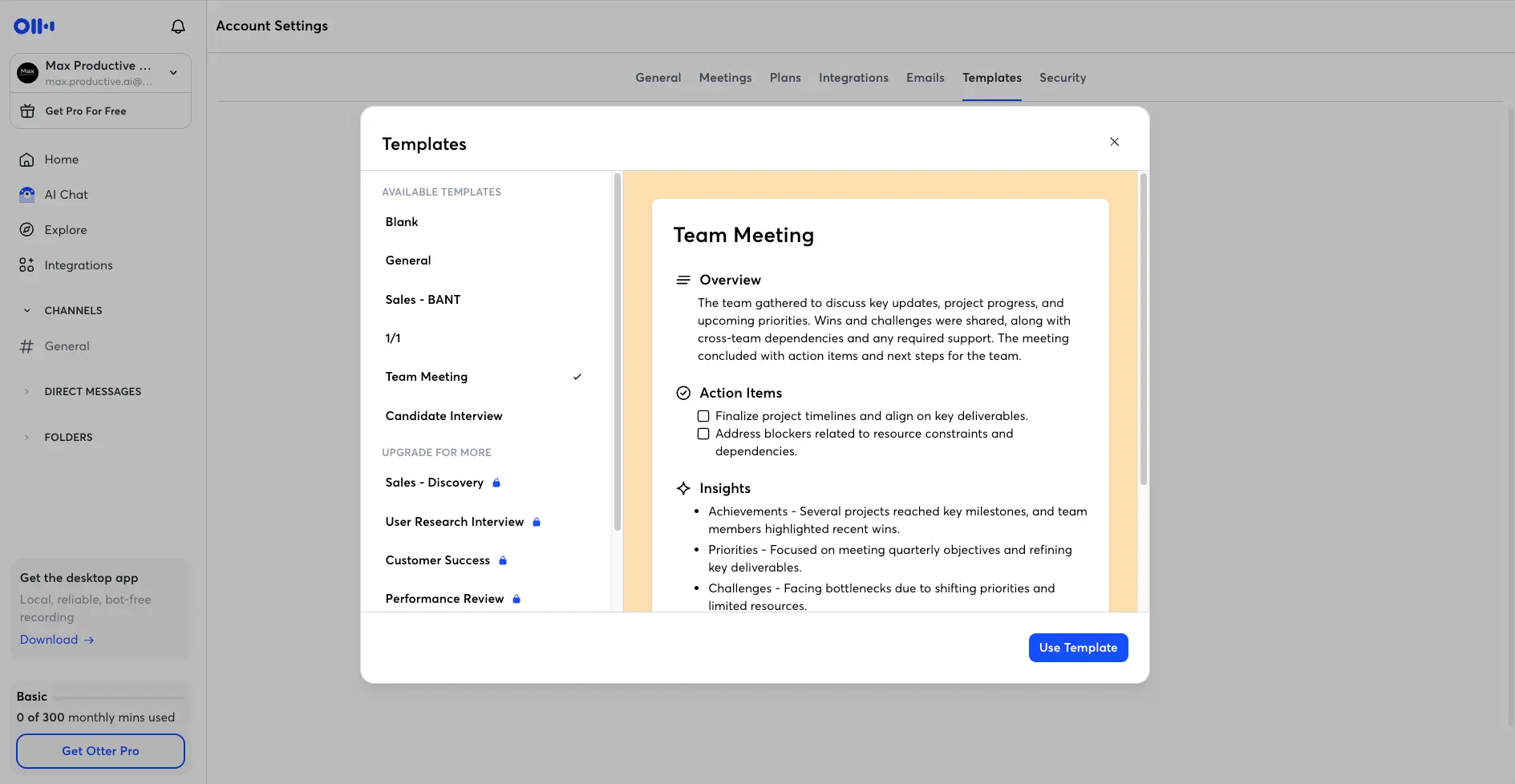 Otter.ai templates dialog listing Blank, General, Sales BANT, 1/1, Team Meeting and Candidate Interview, with Sales Discovery, User Research Interview, Customer Success and Performance Review locked