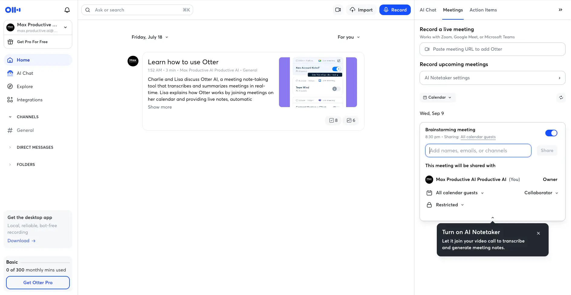 Otter.ai Meetings panel with Paste meeting URL field, AI Notetaker settings, a calendar event toggled on for recording and sharing controls set to all calendar guests