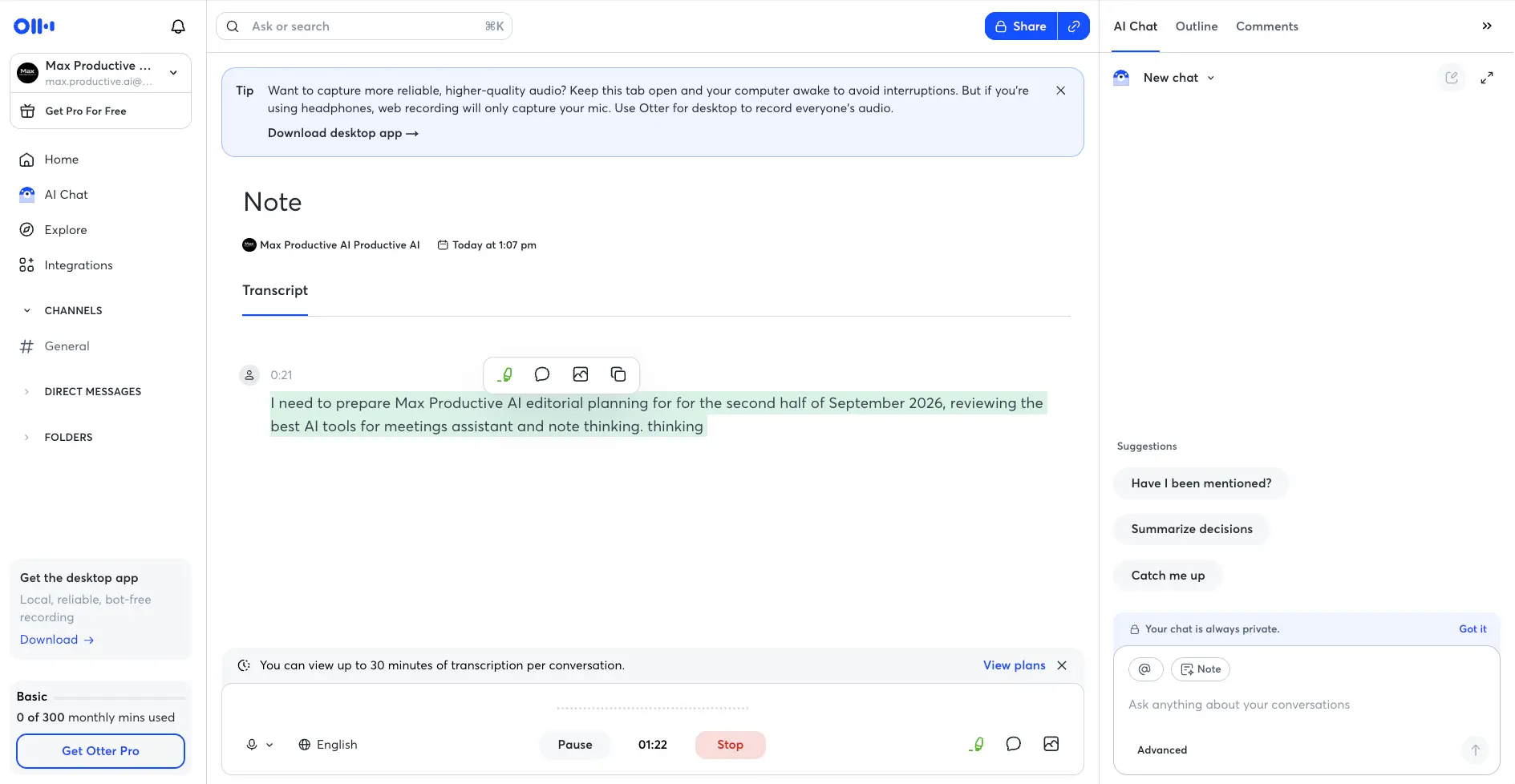 Otter.ai live transcript view during a browser recording, with a highlighted sentence, the 30-minute per-conversation limit banner and the AI Chat panel offering Catch me up and Summarize decisions