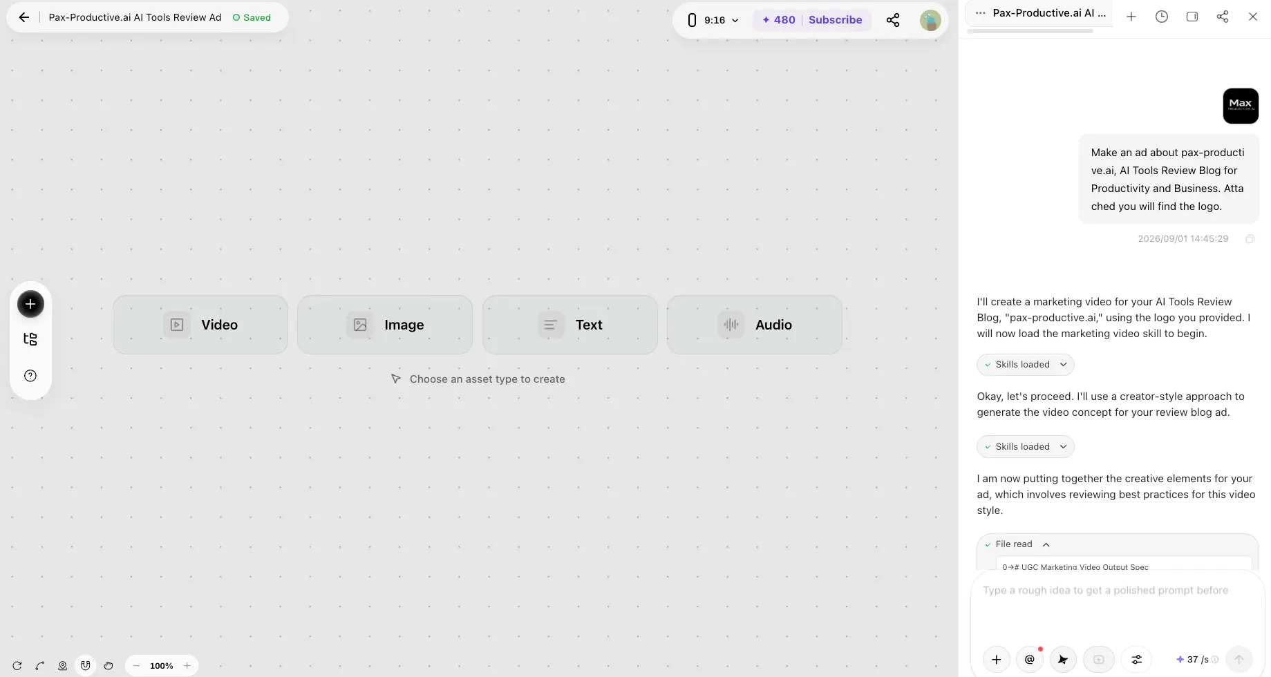 Pippit AI agent building an ad from a one-line brief, loading skills and offering video, image, text and audio asset types
