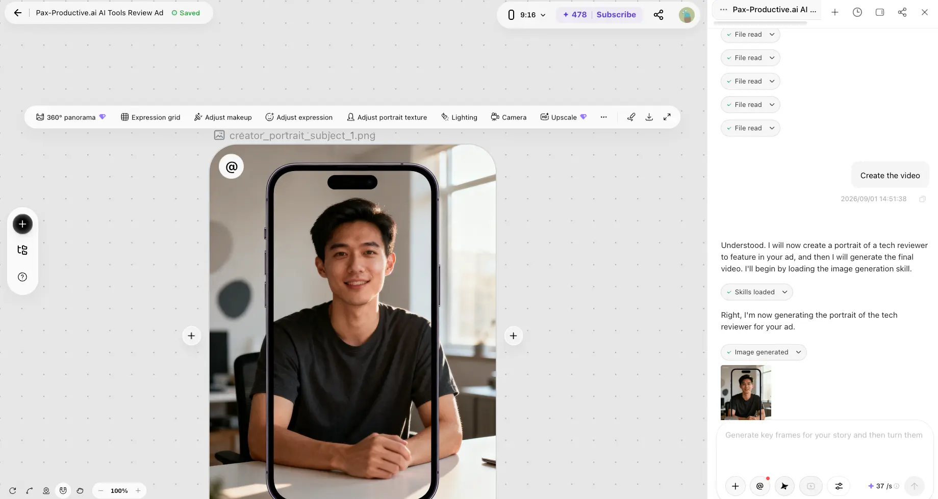 Pippit AI portrait editing toolbar with expression, makeup, lighting, camera and upscale controls on an AI-generated presenter