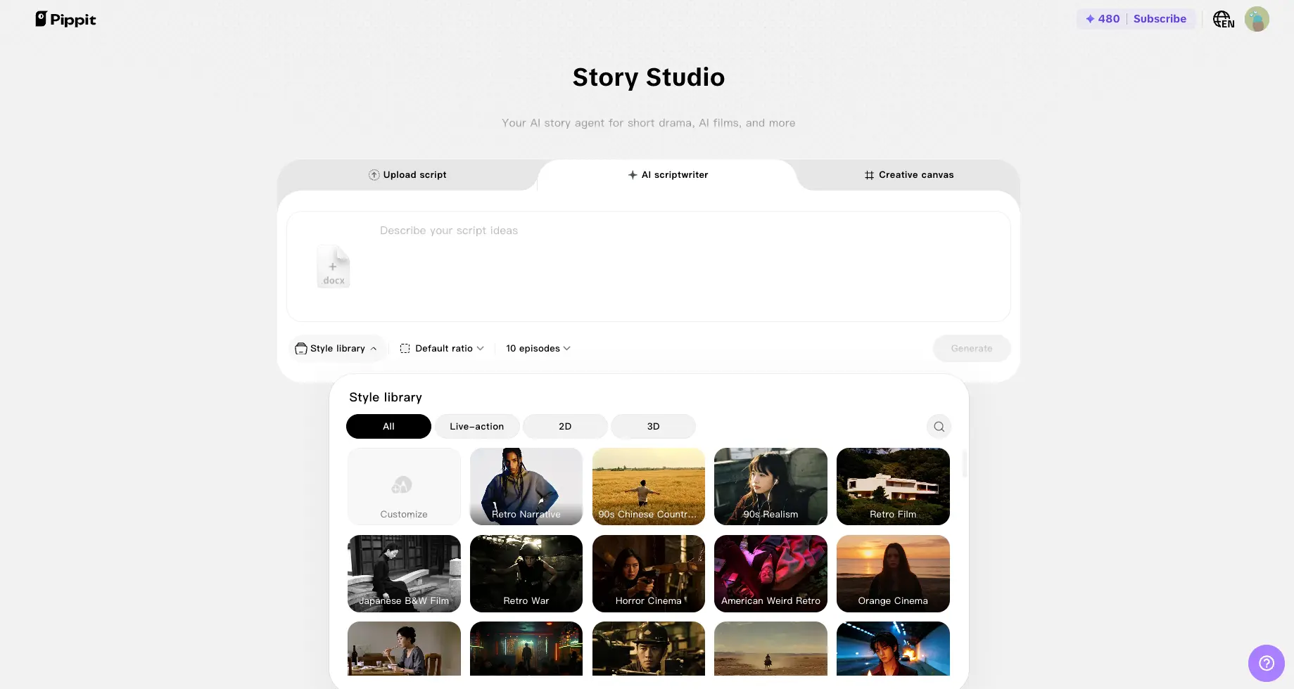 Pippit AI Story Studio with AI scriptwriter, style library of live-action, 2D and 3D looks, and multi-episode settings