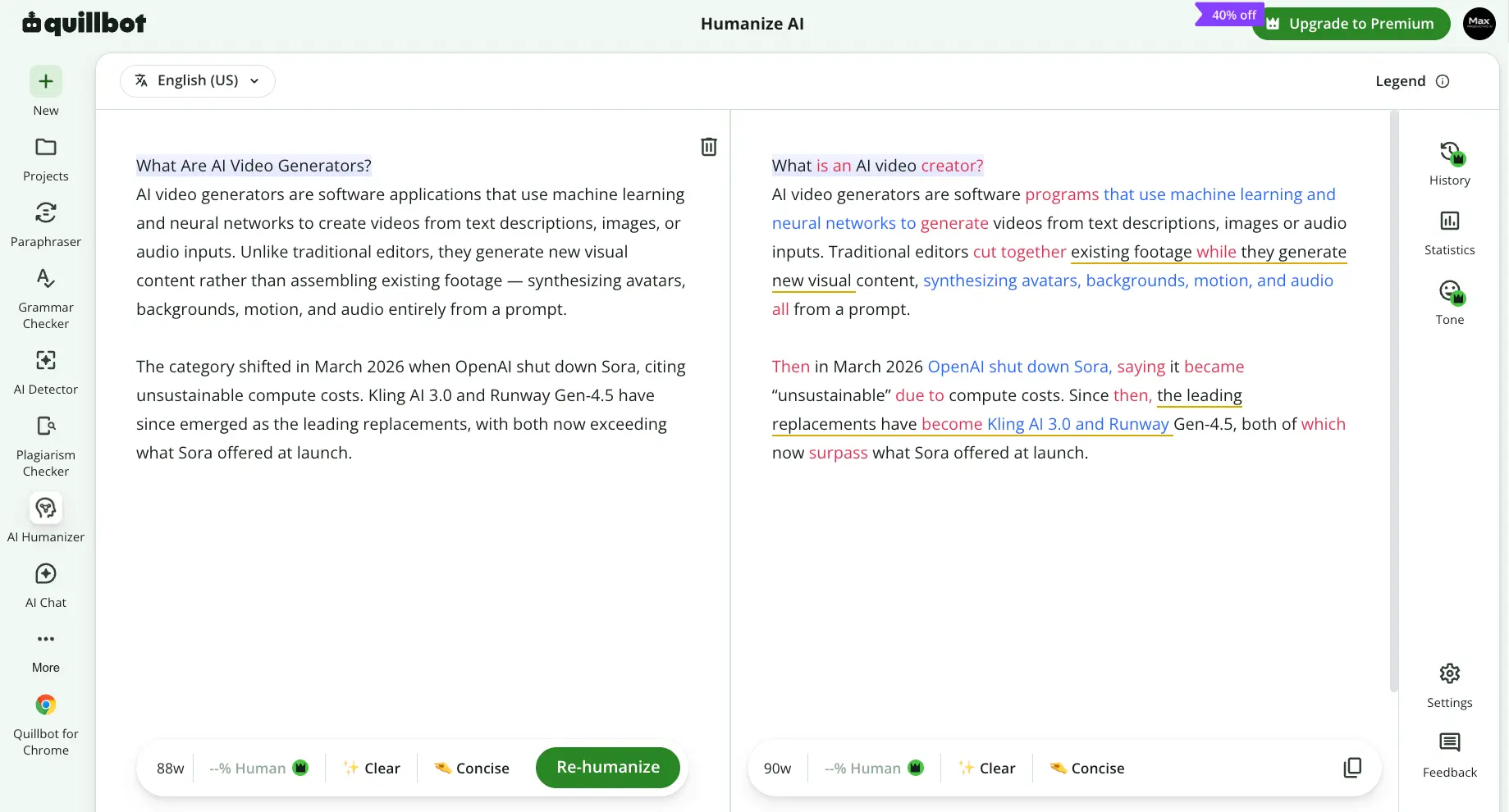 QuillBot AI Humanizer with the original 88-word text on the left and a 90-word humanized rewrite on the right, changes color-coded, percent human score locked behind Premium
