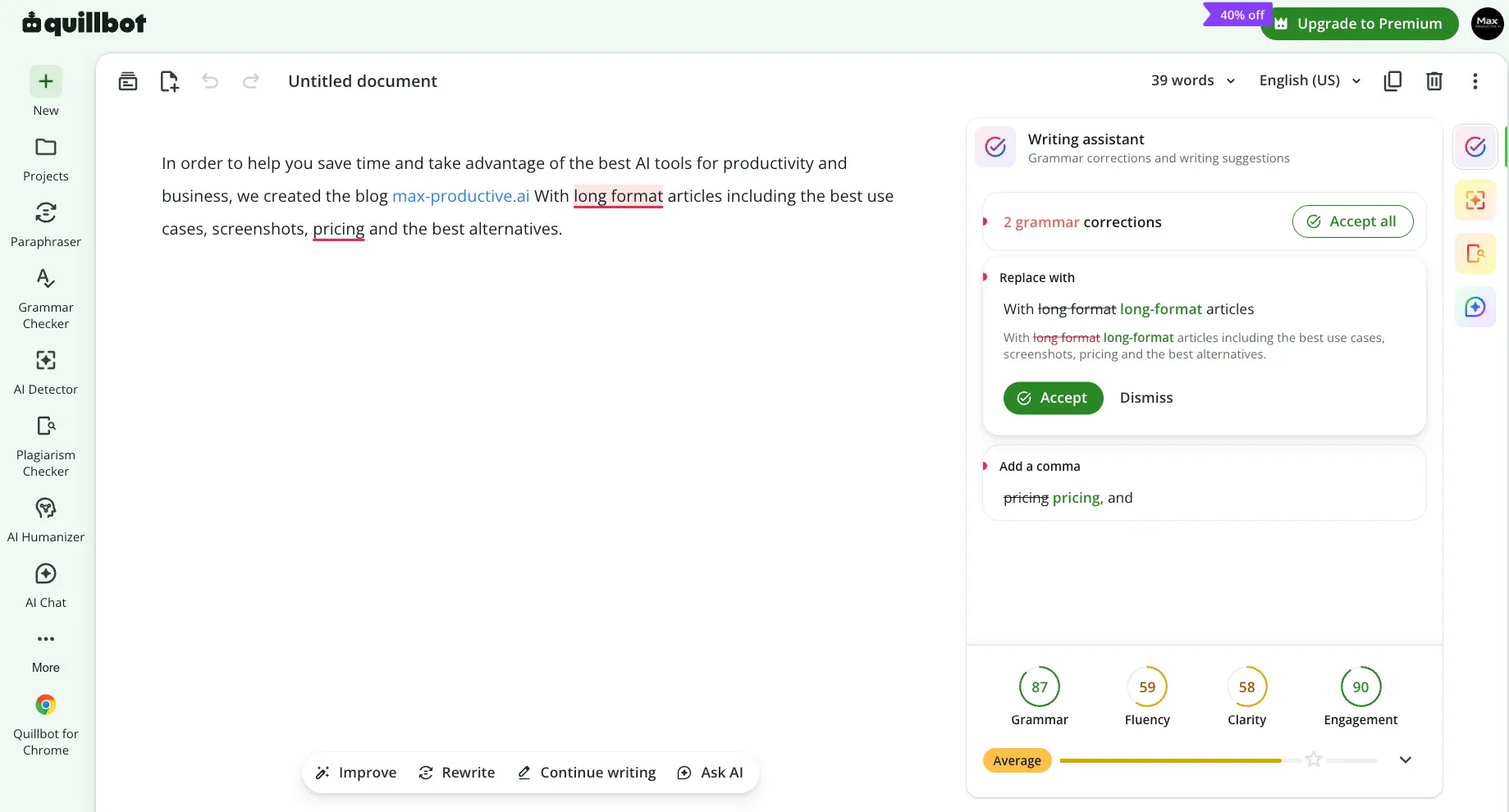 QuillBot Grammar Checker flagging two corrections on a 39-word document with Grammar 87, Fluency 59, Clarity 58, and Engagement 90 scores in the writing assistant panel