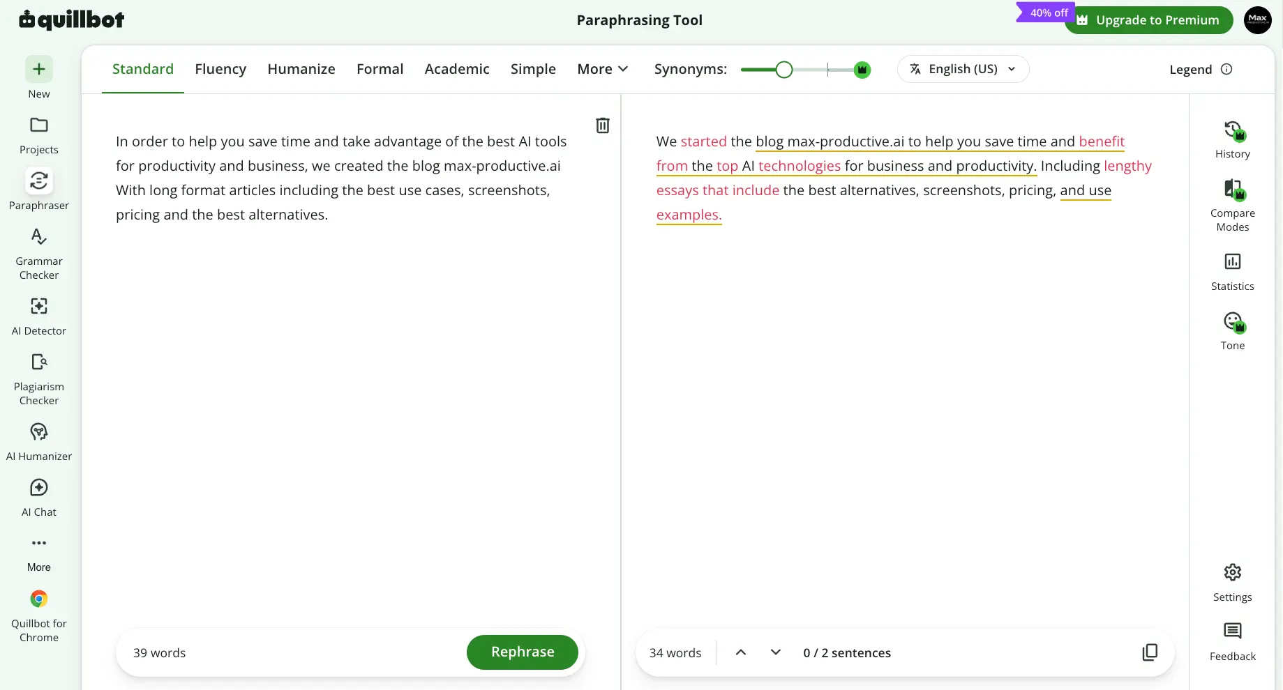 QuillBot Paraphrasing Tool in Standard mode showing the original 39-word text on the left and a color-coded 34-word rewrite on the right with the synonyms slider and mode tabs