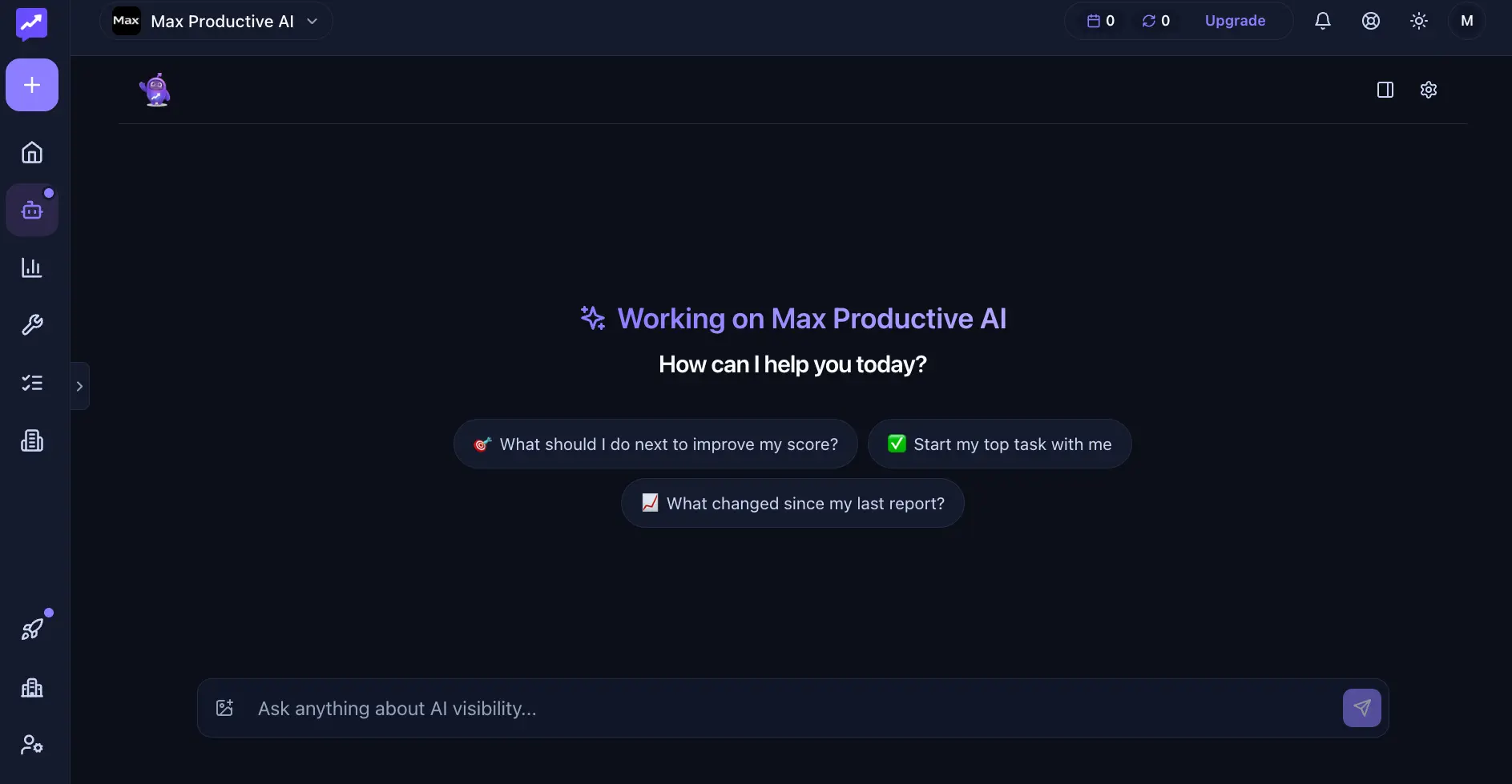 Rank Prompt Agent Mode chat screen with suggested questions about improving visibility score and starting the top task