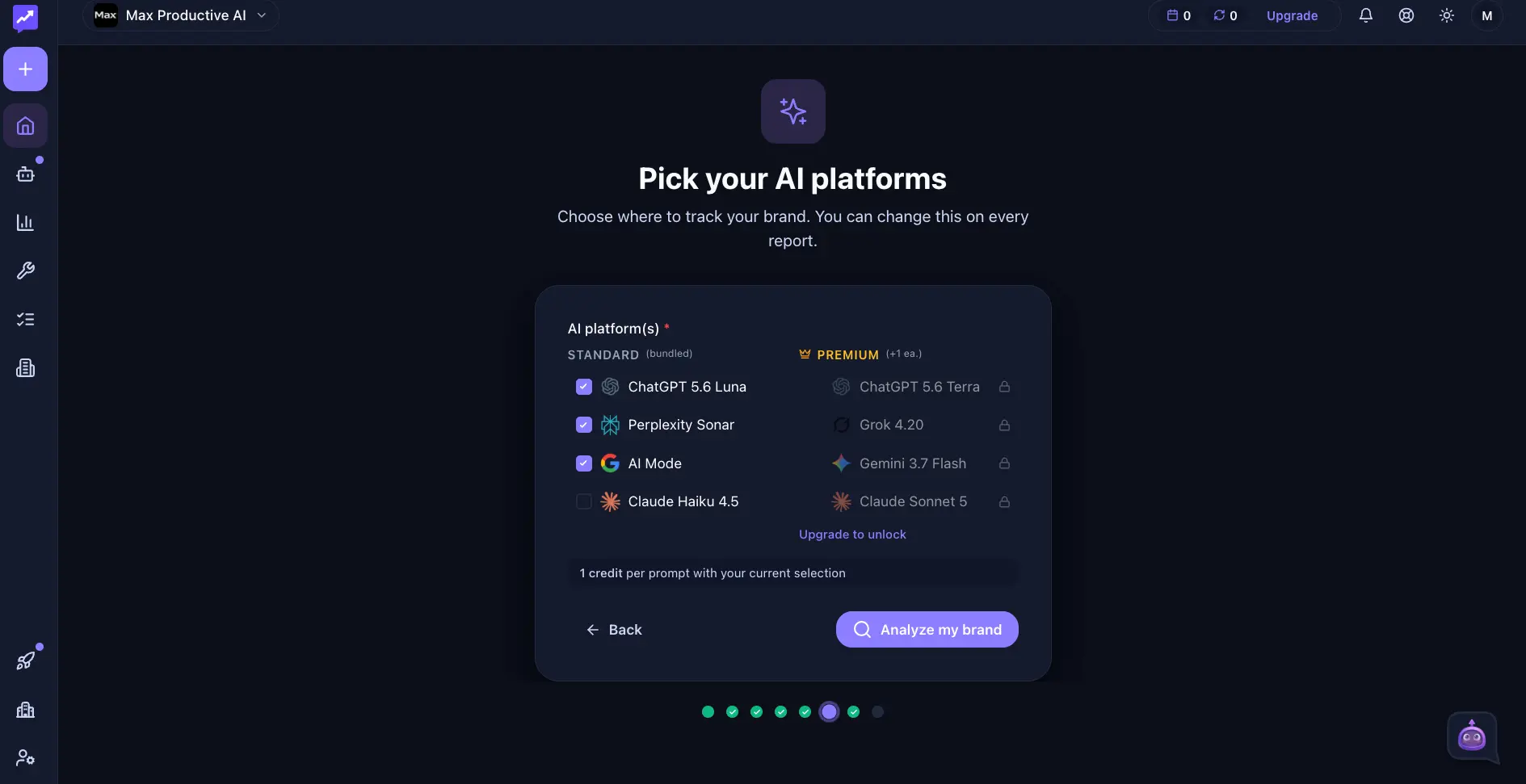 Rank Prompt AI platform selection screen showing standard bundle of ChatGPT, Perplexity, Google AI Mode and Claude, plus premium models Grok, Gemini and Claude Sonnet