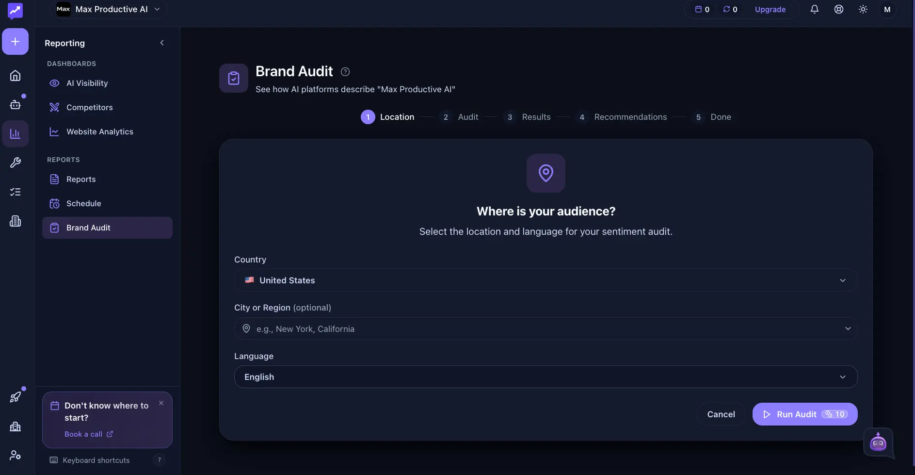 Rank Prompt Brand Audit setup with country, city and language fields and a five-step progress bar from Location to Recommendations