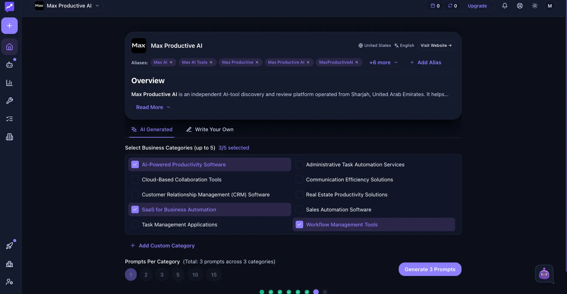 Rank Prompt brand setup screen showing detected aliases, AI-generated brand overview and business category selection with prompts-per-category options