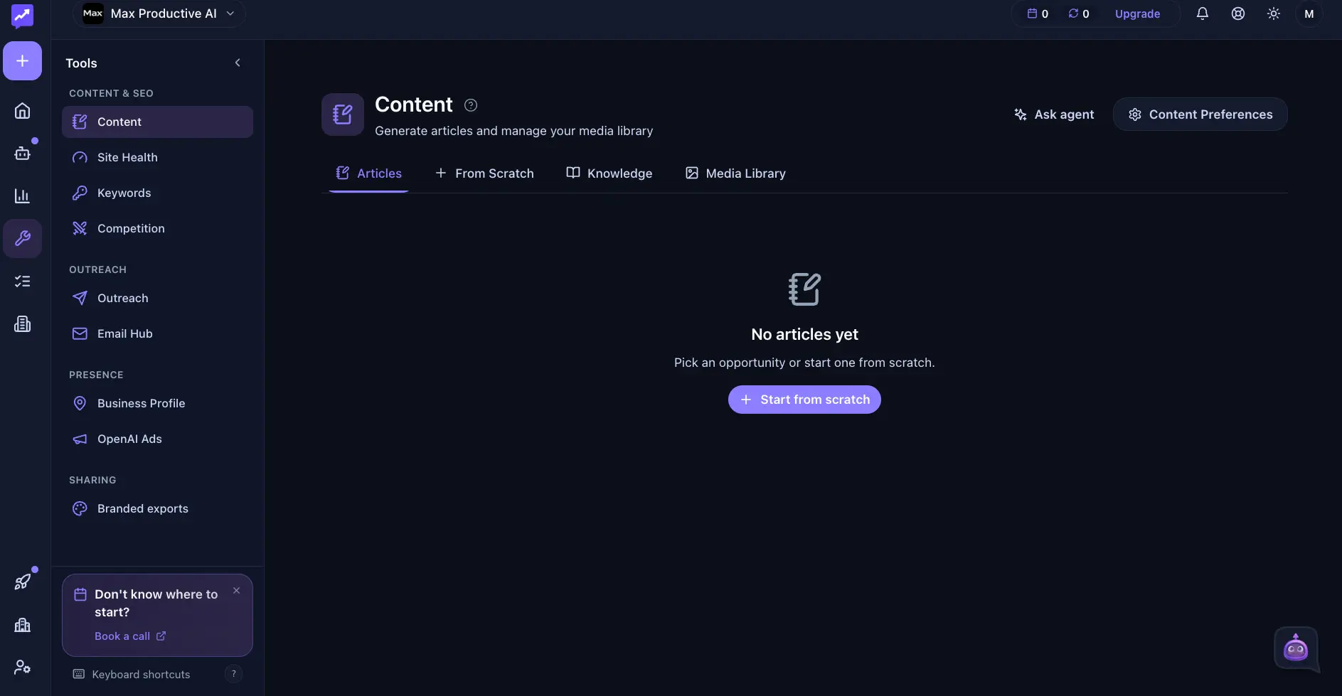Rank Prompt Content tool with Articles, From Scratch, Knowledge and Media Library tabs, alongside a Tools sidebar listing Site Health, Keywords, Competition, Outreach, Email Hub, Business Profile and OpenAI Ads
