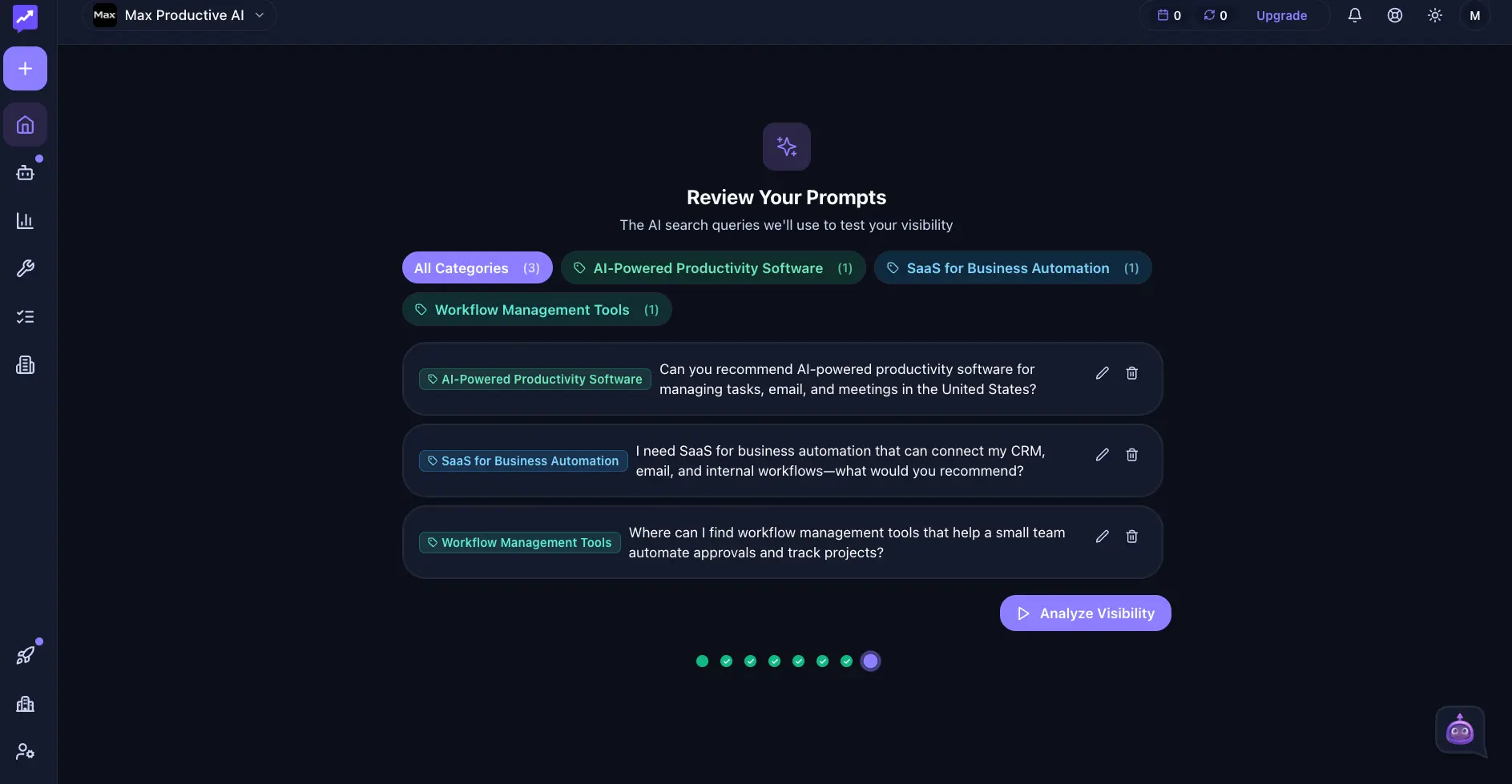 Rank Prompt review prompts screen listing generated buyer-intent questions grouped by business category with edit and delete controls