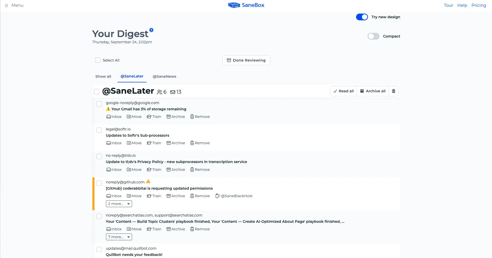 SaneBox daily Digest listing SaneLater emails with Inbox, Train and Archive actions