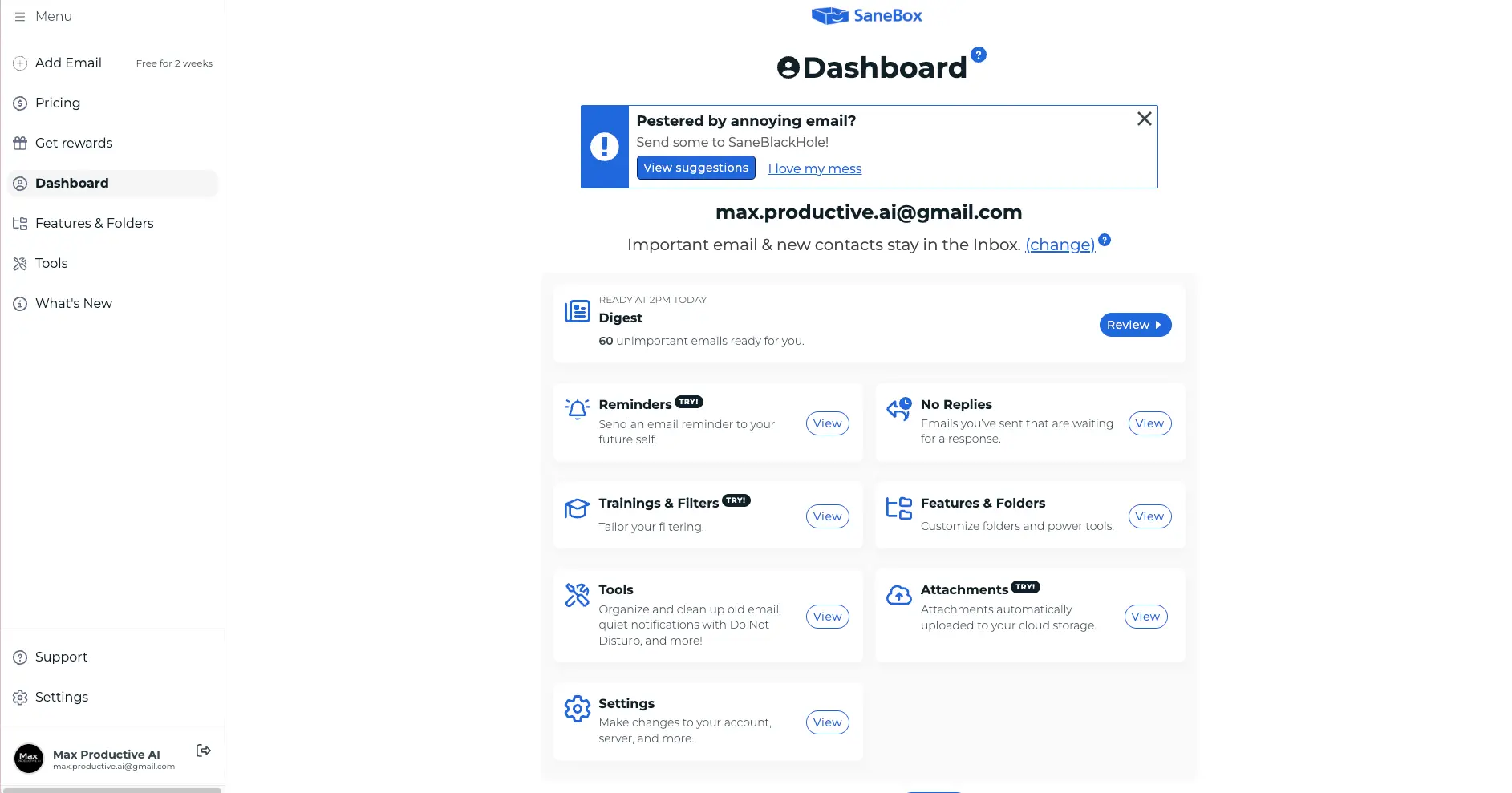 SaneBox dashboard showing the Digest, Reminders, No Replies and Attachments features