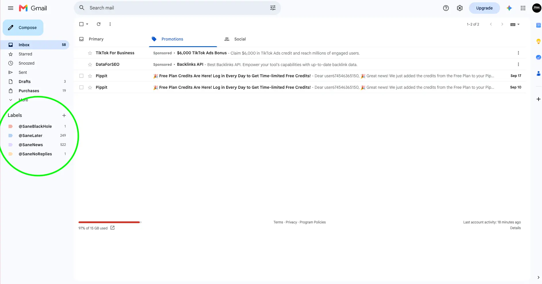 SaneBox folders SaneLater, SaneNews, SaneBlackHole and SaneNoReplies shown as labels in the Gmail sidebar