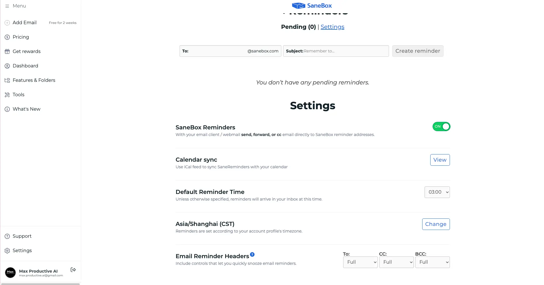 SaneBox Reminders settings with reminders switched on, calendar sync via iCal feed, default reminder time, timezone and email reminder header options
