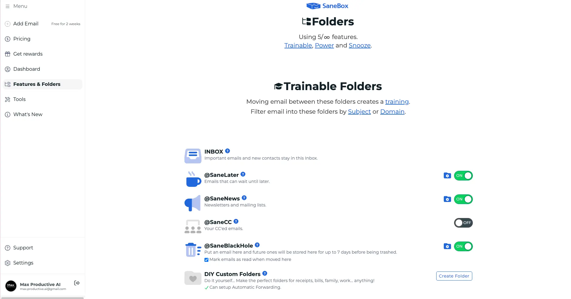 SaneBox Trainable Folders settings with SaneLater, SaneNews and SaneBlackHole switched on, SaneCC off, and an option to create DIY custom folders