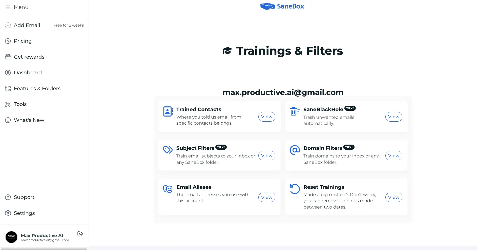 SaneBox Trainings & Filters page with Trained Contacts, SaneBlackHole, Subject Filters, Domain Filters, Email Aliases and Reset Trainings