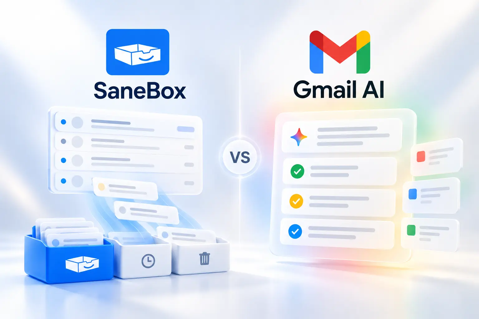 SaneBox vs Gmail AI Inbox comparison graphic showing the SaneBox and Gmail logos